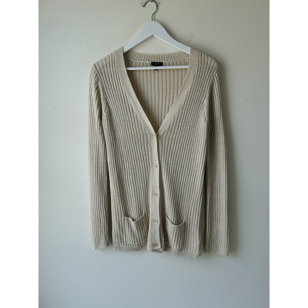 Talbots Ribbed Knit V-Neck Cardigan Sweater Cream Neutral Button Pockets Size M